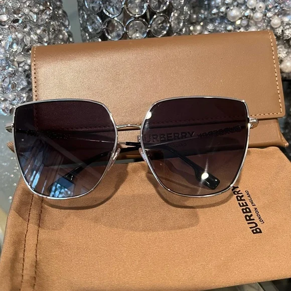 Authentic Burberry Alexis Silver Gray Sunglasses Burberry Alexis Women Silver Oversized Geometric Cat Eye  main image 3